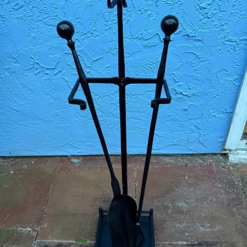 Hand forged Wrought Iron Fireplace Tools and Stand- newly restored